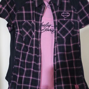 Harley-Davidson Women's Black and Pink Plaid Shirt